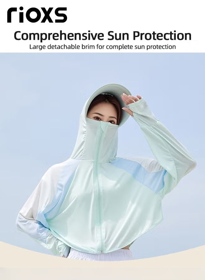 RIOXS Women's UPF 50+ Sun Protection Clothing, Outdoor Lightweight Full Zip Hoodie Jacket with Face Mask Design, Comfy Breathable Long Sleeve Coat with Thumbholes and Large Brim, Suitable for Daily Wear, Sports Training, Hiking, Fishing, Climbing or Other Outdoor Activities - Image 2