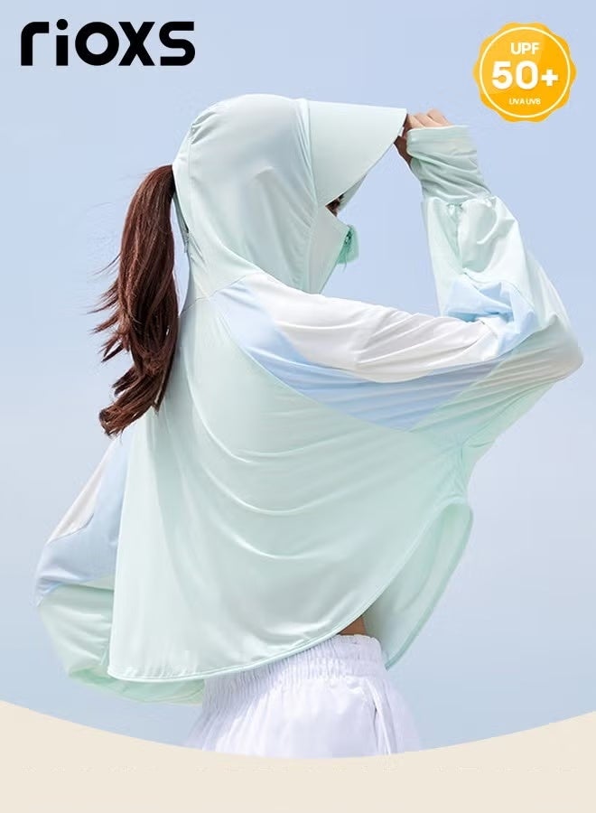 RIOXS Women's UPF 50+ Sun Protection Clothing, Outdoor Lightweight Full Zip Hoodie Jacket with Face Mask Design, Comfy Breathable Long Sleeve Coat with Thumbholes and Large Brim, Suitable for Daily Wear, Sports Training, Hiking, Fishing, Climbing or Other Outdoor Activities - Image 5