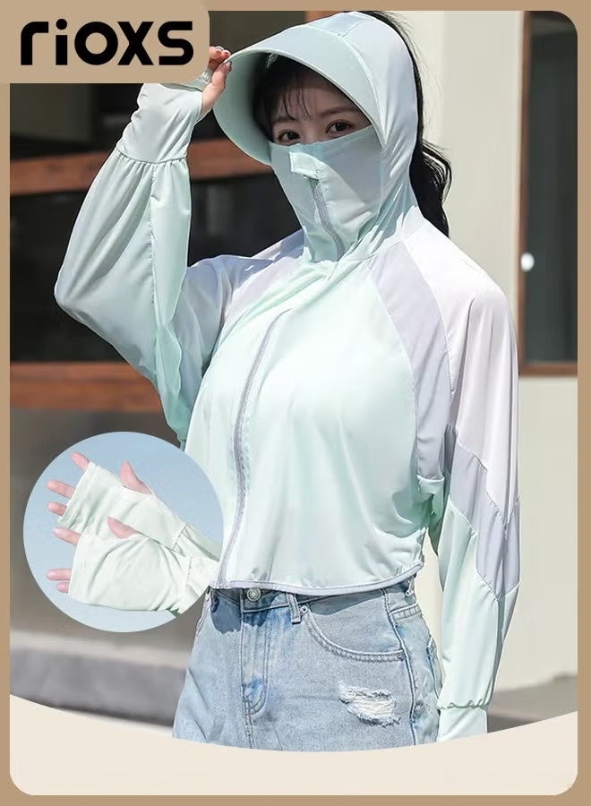 RIOXS Women's UPF 50+ Sun Protection Clothing, Outdoor Lightweight Full Zip Hoodie Jacket with Face Mask Design, Comfy Breathable Long Sleeve Coat with Thumbholes and Large Brim, Suitable for Daily Wear, Sports Training, Hiking, Fishing, Climbing or Other Outdoor Activities - Image 3