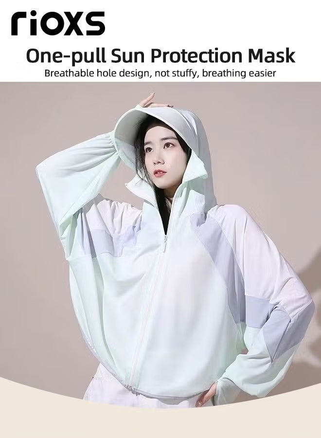 RIOXS Women's UPF 50+ Sun Protection Clothing, Outdoor Lightweight Full Zip Hoodie Jacket with Face Mask Design, Comfy Breathable Long Sleeve Coat with Thumbholes and Large Brim, Suitable for Daily Wear, Sports Training, Hiking, Fishing, Climbing or Other Outdoor Activities - Image 4