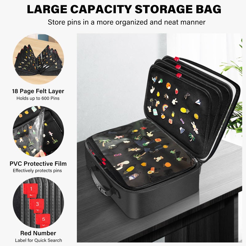 Dilobio Enamel Pin Display Bag EVA Hard Shell Pin Trading Book, 18 Page Collectible Pin Board, Pin Display Case for Collectors, Suitable for Storing Enamel Pins, Sports Pins, Earrings and Brooches - Image 2