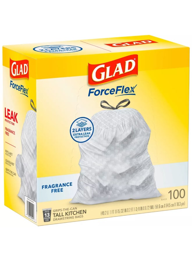 Glad ForceFlex Fragrance Free Drawstring Closure Tall Kitchen Trash Bag White 13 Gal 7527666 - Image 1