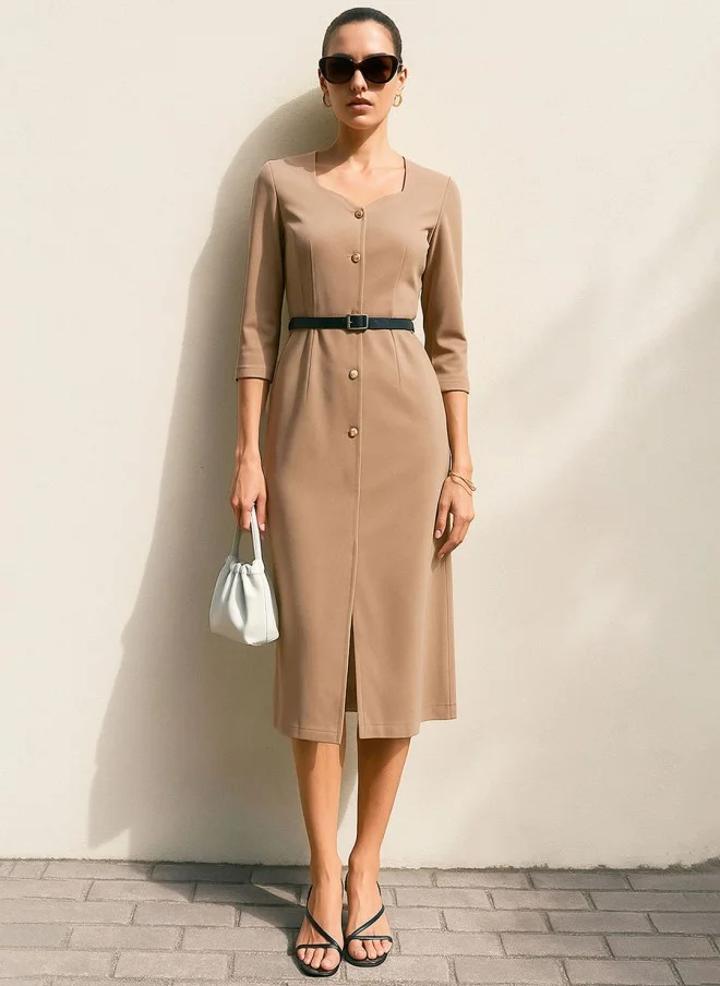 SASSAFRAS Beige A-Line Midi Dress for Women