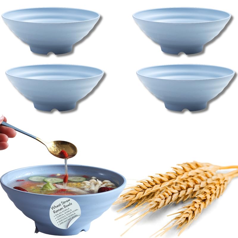 RoarCraft Wheat Straw Big Bowls Set Unbreakable Cereal Bowls Microwave and Dishwasher Safe Bowls BPA Free Soup Bowl for Serving Oatmeal and Salad Blue 25 x 10 CM Pack of 4 - Image 1
