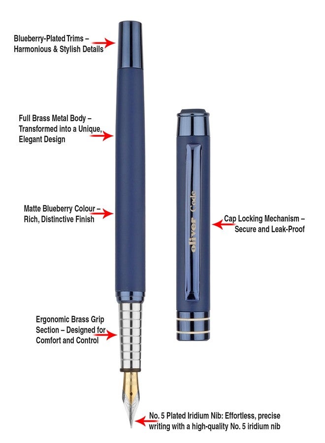 Oliver Code Matte Blueberry Fountain Pen with T Box – Full Brass Body, Blueberry Plated Trim, No.5 Iridium Tip - Image 4
