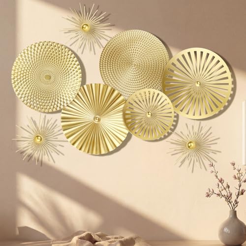 Lingvee 8 Pcs Gold Wall Decor Modern Metal Decor Metal Starbursts Radial Plate Art Hanging Decorative Wall Decorations for Home Bedroom Bathroom Living Room Office Sculpture(Gold) - Image 2