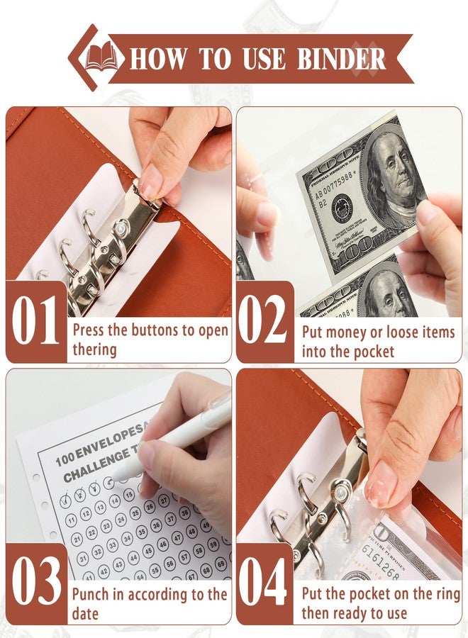 NICOOTH 100 Envelopes Money Saving Challenge Money Saving Binder 100 Envelope Challenge Binder Savings Binder Envelope A5 Savings Challenge Book (A5brown) - Image 3