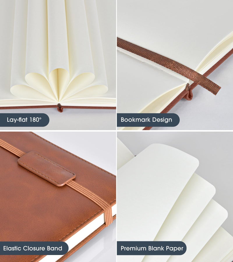 Biuwory Blank Journal Notebook for Women Men, Hardcover Leather Sketchbook 5.7"×8.3", 140 Pages Unlined Sketch book for Drawing, Writing, Travel, School & Work, Journaling Notebooks (Brown) - Image 4