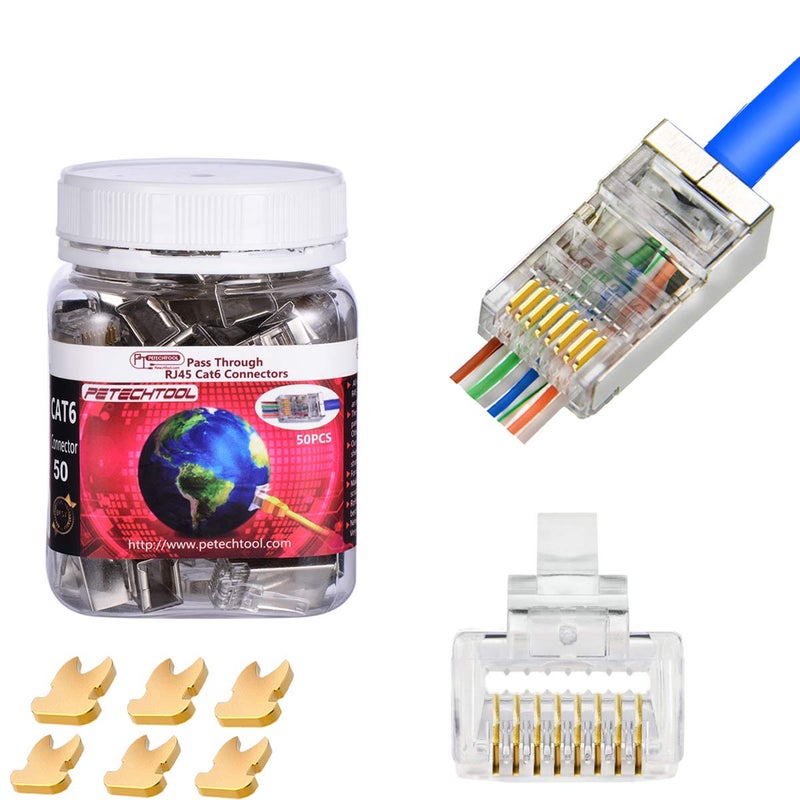 PETECHTOOL RJ45 Shielded Cat5 CAT6 Connector 8P8C End Pass Through Plugs Gold Plated (50 Packs) - Image 1