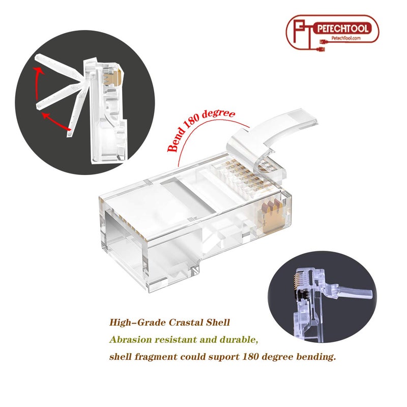 PETECHTOOL RJ45 Shielded Cat5 CAT6 Connector 8P8C End Pass Through Plugs Gold Plated (50 Packs) - Image 5
