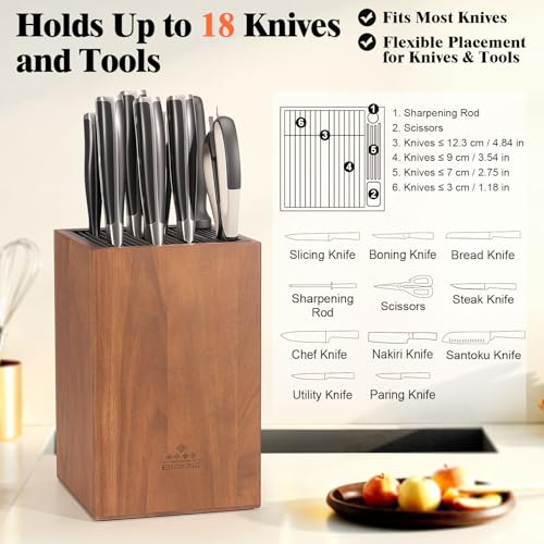 ENOKING Acacia Wood Universal Knife Block with Plastic Slot Top, Kitchen Knife Holder for Knives, Scissors & Sharpening Rod, Easy-Clean Countertop Storage Organizer - Image 4
