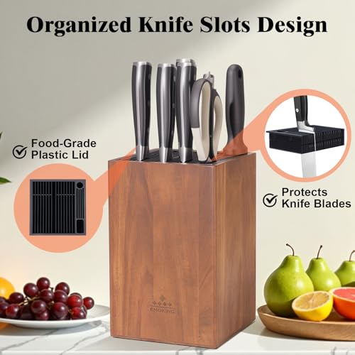 ENOKING Acacia Wood Universal Knife Block with Plastic Slot Top, Kitchen Knife Holder for Knives, Scissors & Sharpening Rod, Easy-Clean Countertop Storage Organizer - Image 3