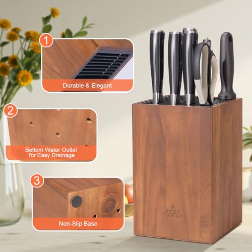 ENOKING Acacia Wood Universal Knife Block with Plastic Slot Top, Kitchen Knife Holder for Knives, Scissors & Sharpening Rod, Easy-Clean Countertop Storage Organizer - Image 5