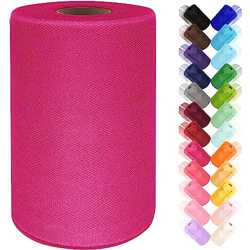 Ableme Deco Hot Pink Tulle Fabric Roll 6 Inch by 100 Yards (300 ft) Tulle Ribbon Mesh Netting for DIY Tutu Skirt Gift Wrapping Wedding Baby Shower Birthday Halloween Party Decorations Crafts, 34 Colors (Fuchsia) - Image 1