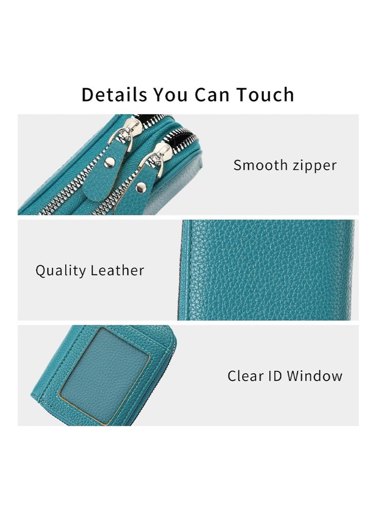 SENDEFN Credit Card Holder Wallet RFID Blocking Leather Small Wallet for Women Double Zipper Wallet with ID Window, Card Pack, Zero Wallet, Small, Classic（Lake Blue） - Image 3