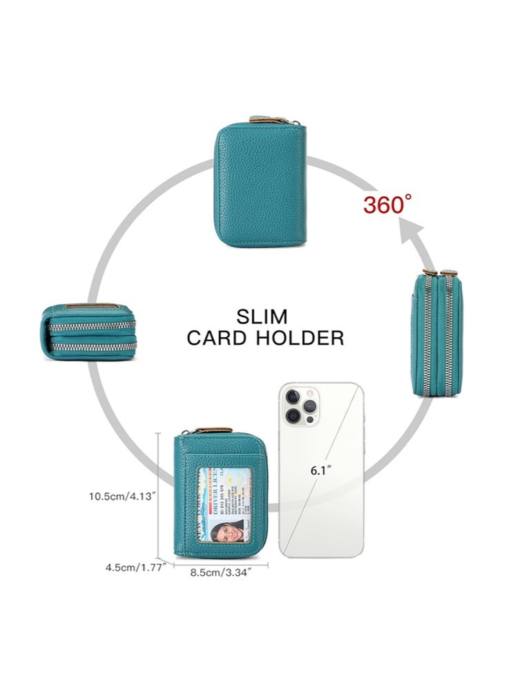 SENDEFN Credit Card Holder Wallet RFID Blocking Leather Small Wallet for Women Double Zipper Wallet with ID Window, Card Pack, Zero Wallet, Small, Classic（Lake Blue） - Image 4