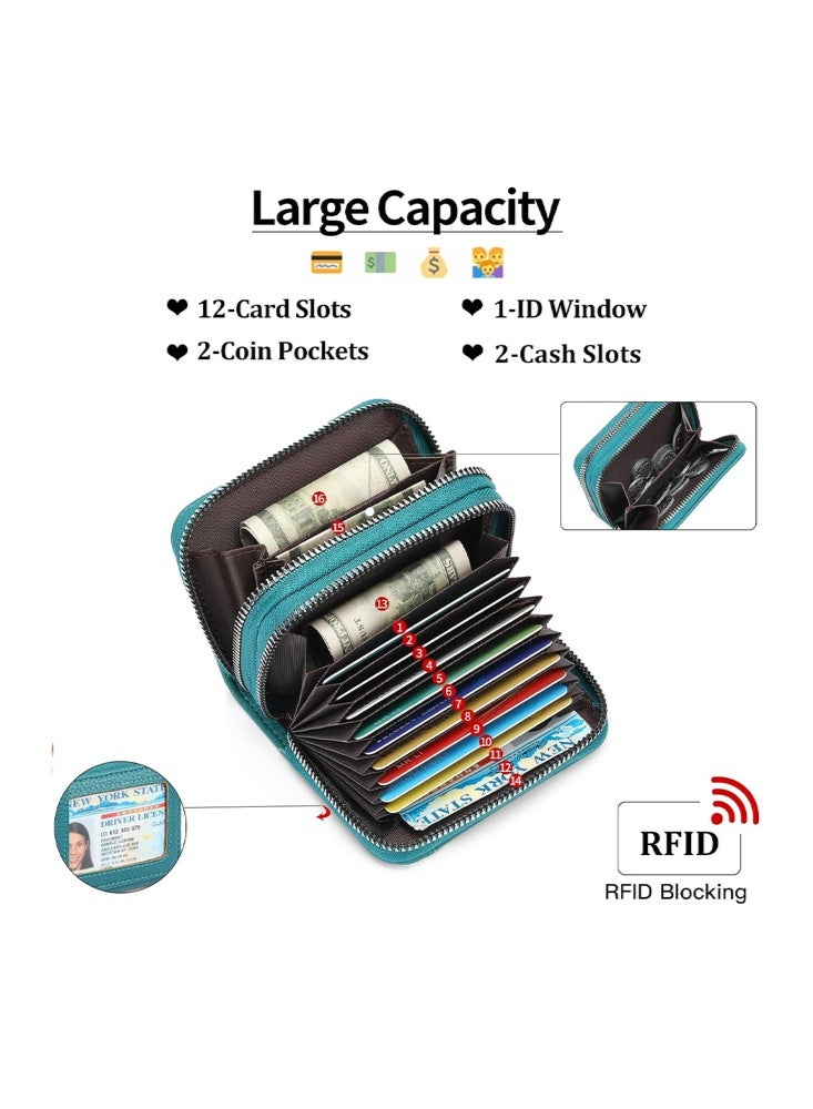 SENDEFN Credit Card Holder Wallet RFID Blocking Leather Small Wallet for Women Double Zipper Wallet with ID Window, Card Pack, Zero Wallet, Small, Classic（Lake Blue） - Image 2