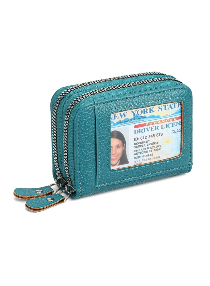 SENDEFN Credit Card Holder Wallet RFID Blocking Leather Small Wallet for Women Double Zipper Wallet with ID Window, Card Pack, Zero Wallet, Small, Classic（Lake Blue） - Image 1