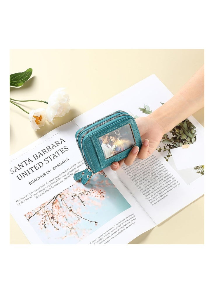 SENDEFN Credit Card Holder Wallet RFID Blocking Leather Small Wallet for Women Double Zipper Wallet with ID Window, Card Pack, Zero Wallet, Small, Classic（Lake Blue） - Image 5