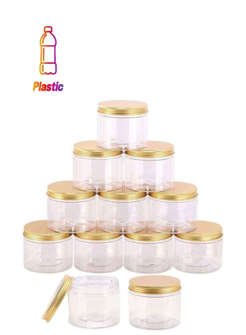 ALSAQER الساقر 12 قطعة زجاجة فارغة سعة 250 مل عبوات بلاستيكية شفافة مع أغطية ذهبية لتخزين الطعام في المنزل حاويات دائرية للحلويات والتوابل والبسكويت - Image 1