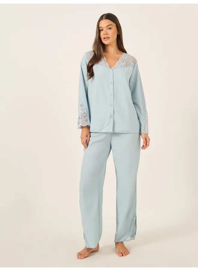 ستايلي Styli Unwind Lace Insert Button Front Shirt and Pyjama Set
