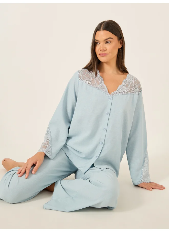 ستايلي Styli Unwind Lace Insert Button Front Shirt and Pyjama Set