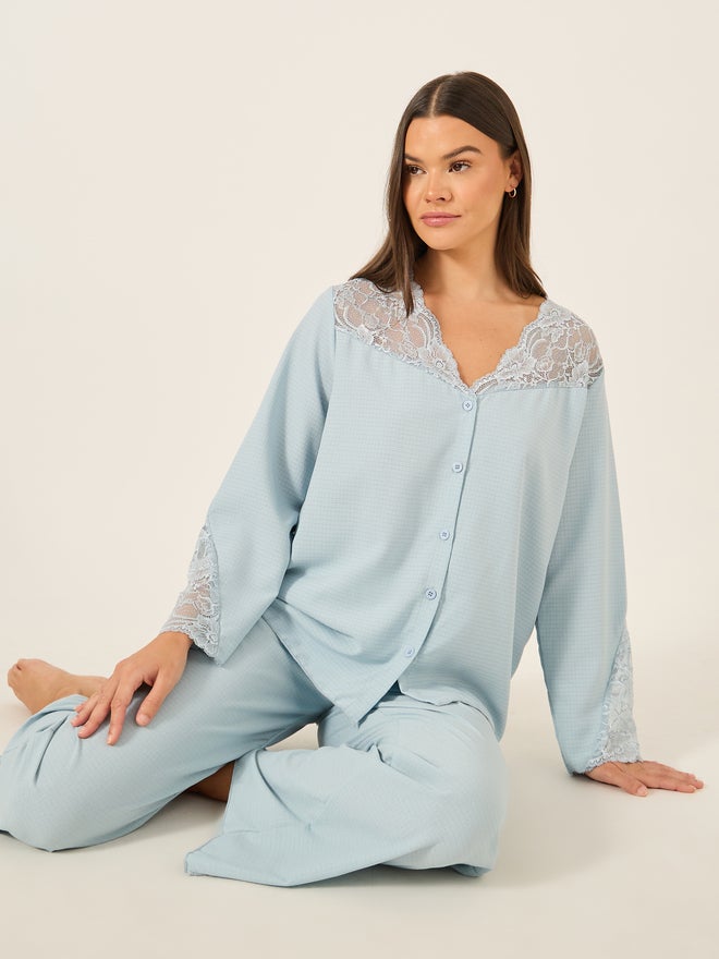 Styli Unwind Lace Insert Button Front Shirt and Pyjama Set - Image 1