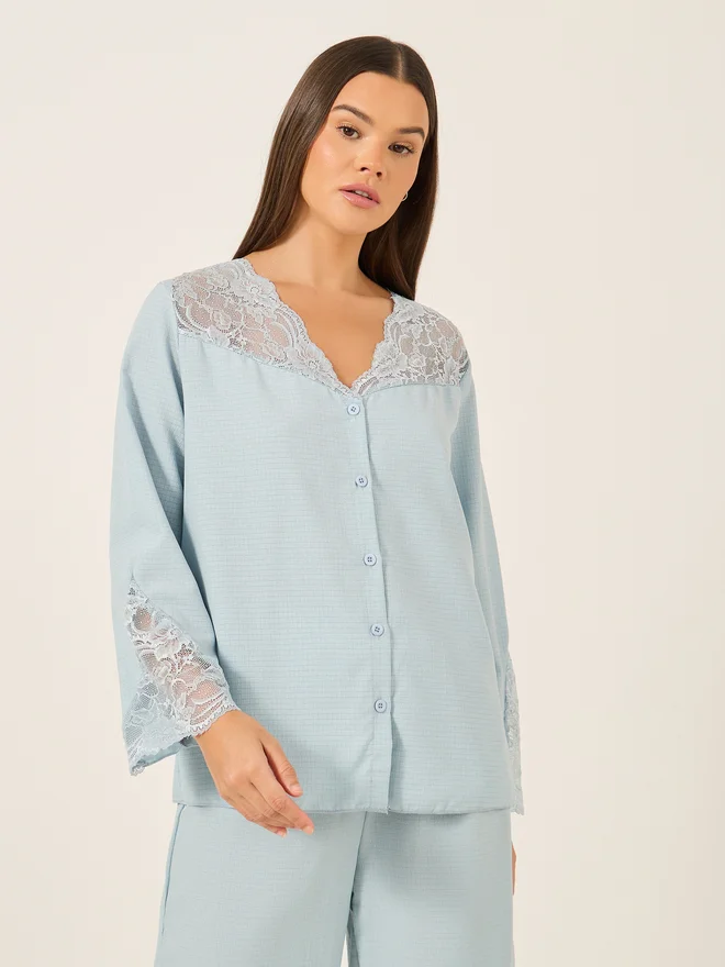 Styli Styli Unwind Lace Insert Button Front Shirt and Pyjama Set