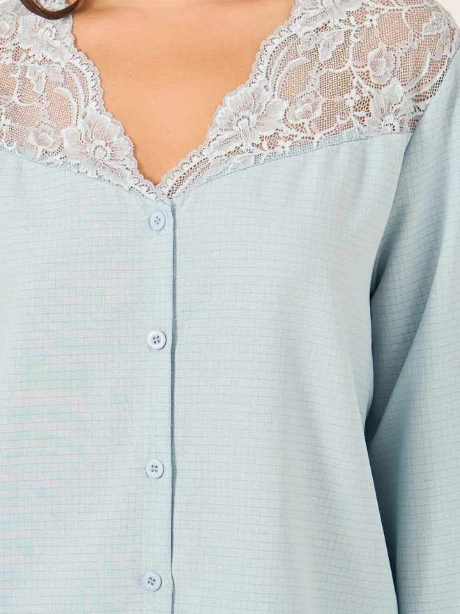 Styli Styli Unwind Lace Insert Button Front Shirt and Pyjama Set