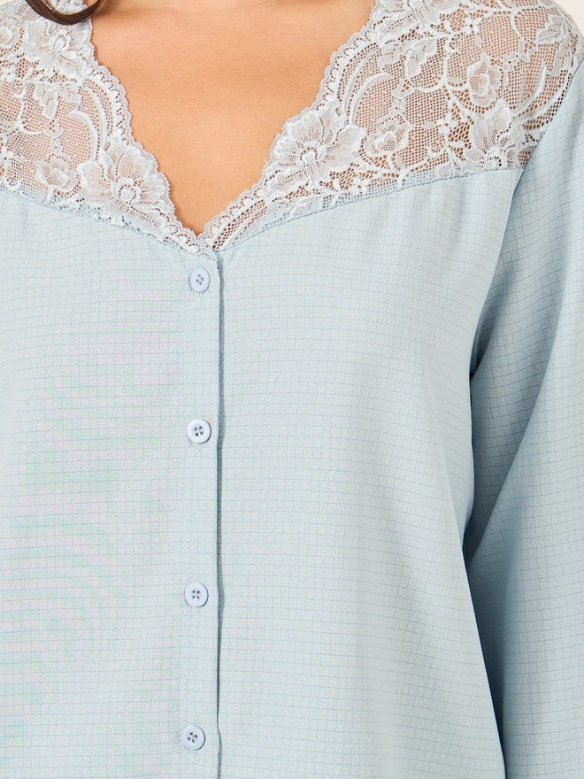 Styli Unwind Lace Insert Button Front Shirt and Pyjama Set - Image 4