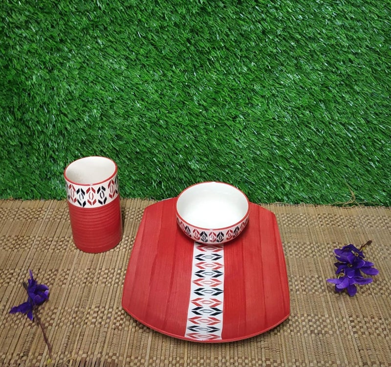 Caffeine Ceramic Handmade red Arrow Pattern Breakfast Set (Set of 3) - Image 2