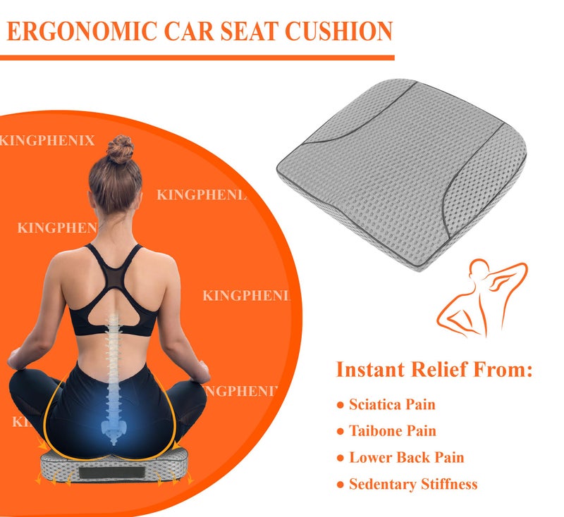kingphenix Premium Car Seat Cushion, Memory Foam Driver Seat Cushion to Improve Driving View- Coccyx & Lower Back Pain Relief - Seat Cushion for Car, Truck, Office Chair (4D Mesh Gray) - Image 2