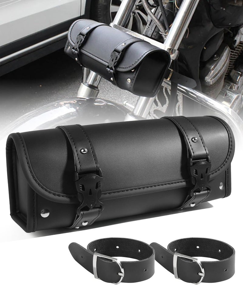 UBOG Motorcycle Handlebar Bag, PU Leather Fork Bag with 2 Mounting Straps, Quick Release Buckle, Universal Fit Storage Bag for Most Motorcycles, Black - Image 1