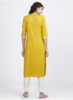 Vishudh Women Yellow Bandhani Printed Keyhole Neck Kurta  - Image 3