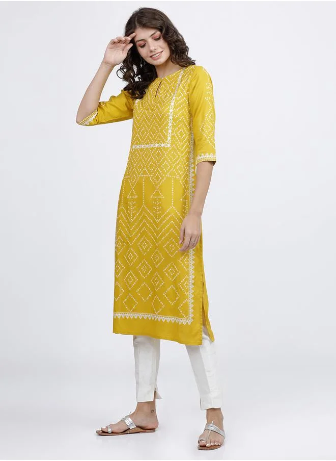 Vishudh Women Yellow Bandhani Printed Keyhole Neck Kurta by Styli