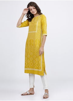 Vishudh Women Yellow Bandhani Printed Keyhole Neck Kurta  - Image 2