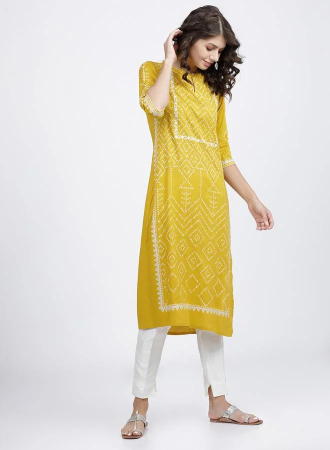 Vishudh Women Yellow Bandhani Printed Keyhole Neck Kurta by Styli