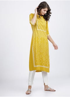 Vishudh Women Yellow Bandhani Printed Keyhole Neck Kurta  - Image 5
