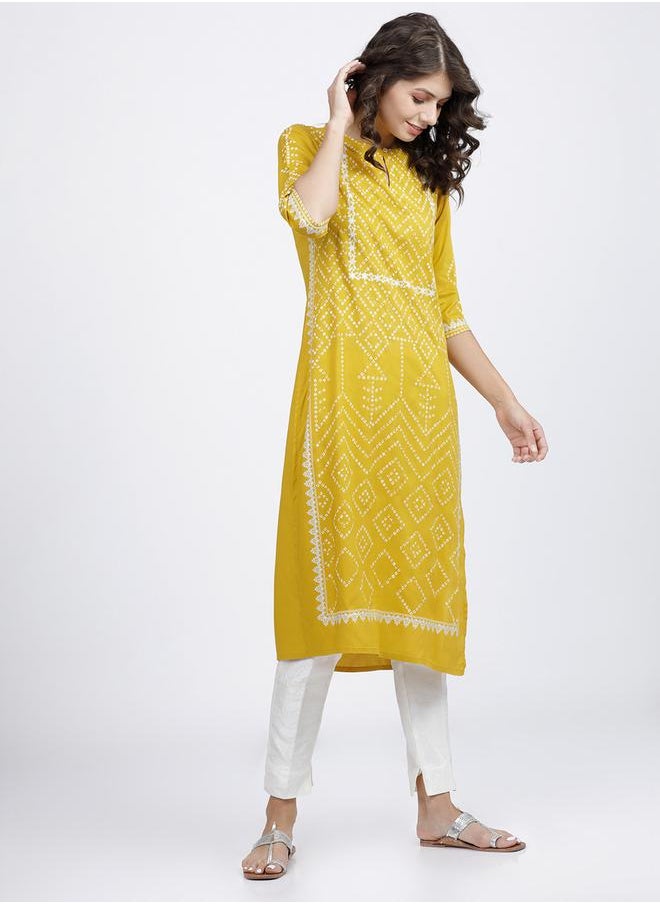 Vishudh Women Yellow Bandhani Printed Keyhole Neck Kurta by Styli  - Image 5
