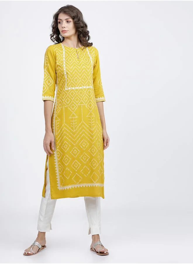 Vishudh Women Yellow Bandhani Printed Keyhole Neck Kurta by Styli