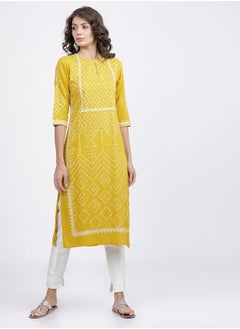 Vishudh Women Yellow Bandhani Printed Keyhole Neck Kurta  - Image 1