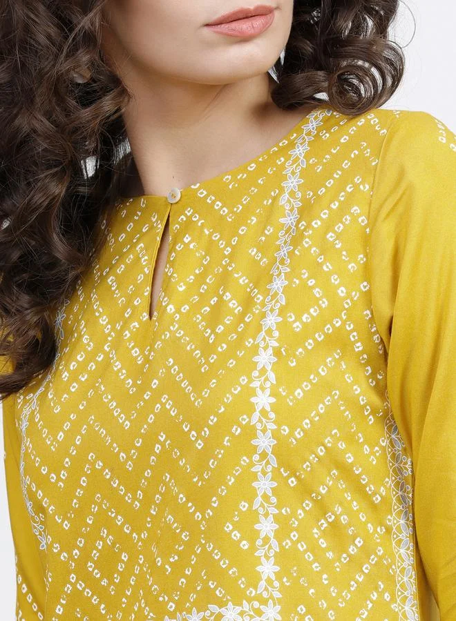 Vishudh Women Yellow Bandhani Printed Keyhole Neck Kurta by Styli