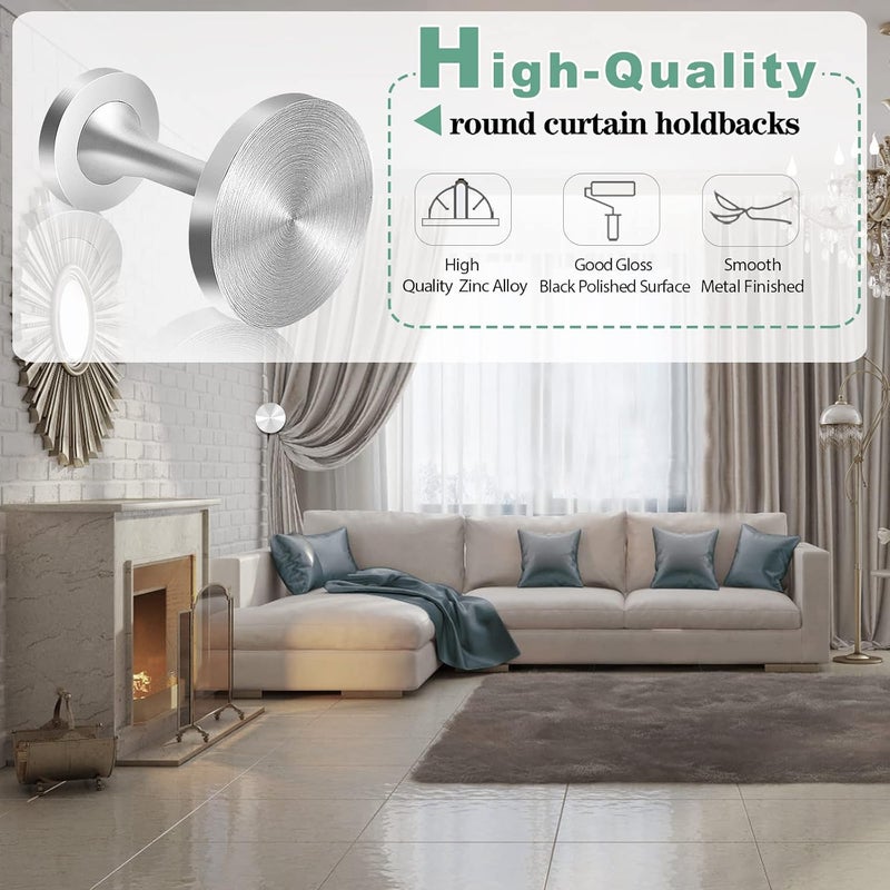 KOLAKO Curtain Holdbacks, Silver Curtain Tie Back Hooks, Metal Wall Mounted Modern Decorative Tiebacks Hanger Round Medallion Drapery Small Curtain Hold Backs Pair, Set of 2 - Image 5
