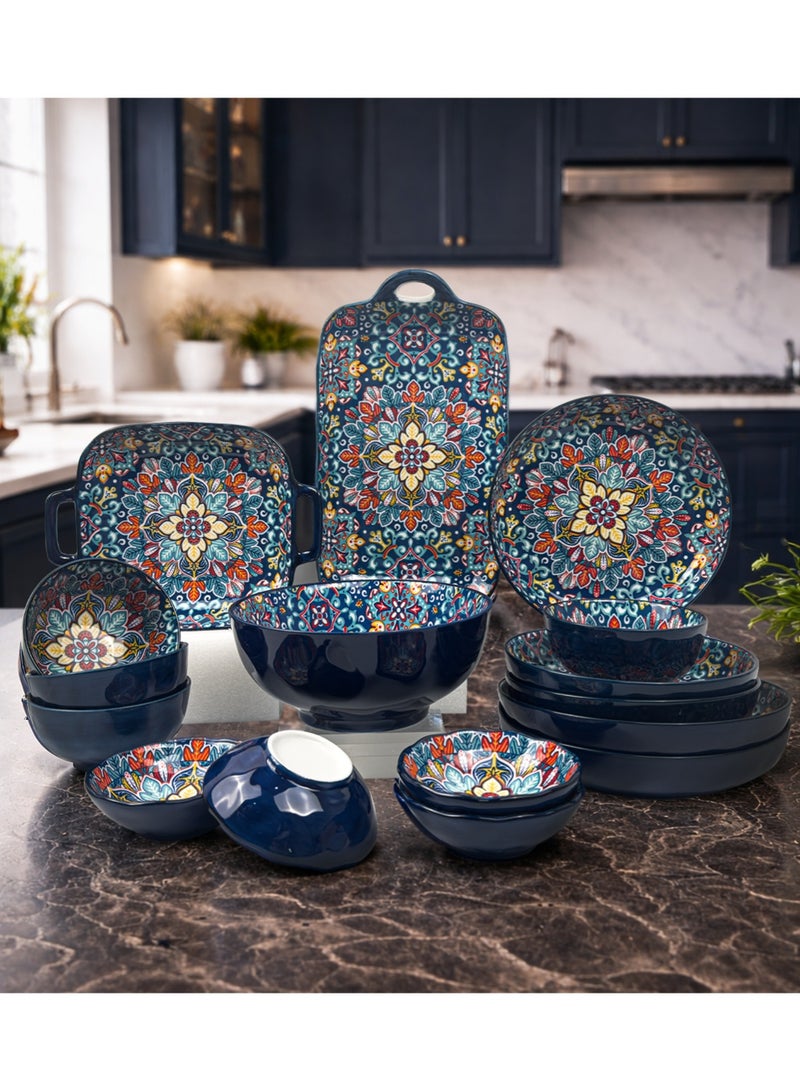 طقم عشاء مكون من 16 قطعة، بورسلين بوهيمي، آمن للاستخدام في الميكروويف وغسالة الصحون - أزرق/أزهار ملونة - Image 1