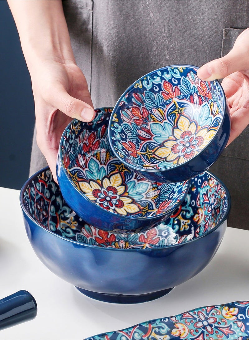 طقم عشاء مكون من 16 قطعة، بورسلين بوهيمي، آمن للاستخدام في الميكروويف وغسالة الصحون - أزرق/أزهار ملونة - Image 3