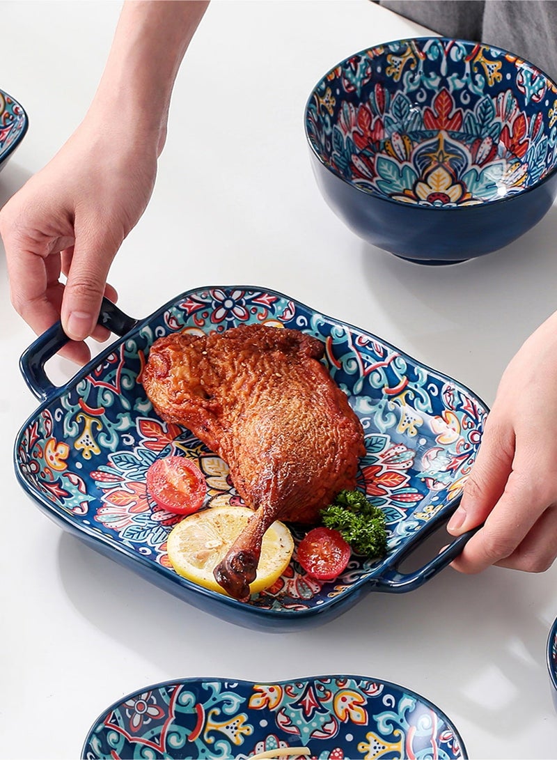 طقم عشاء مكون من 16 قطعة، بورسلين بوهيمي، آمن للاستخدام في الميكروويف وغسالة الصحون - أزرق/أزهار ملونة - Image 4