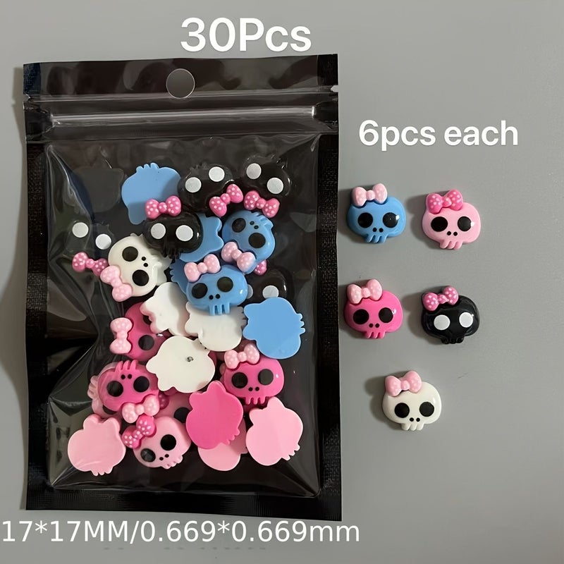 30 Pcs Halloween Sweet Cool Girl Bow Skull Handmade Resin Crafts Charm 22x23mm For Phone Case Shoe Buckle Earring Necklaces Bracelet Keychain Pendant Kawaii Design Nail Art Decoration - Image 2
