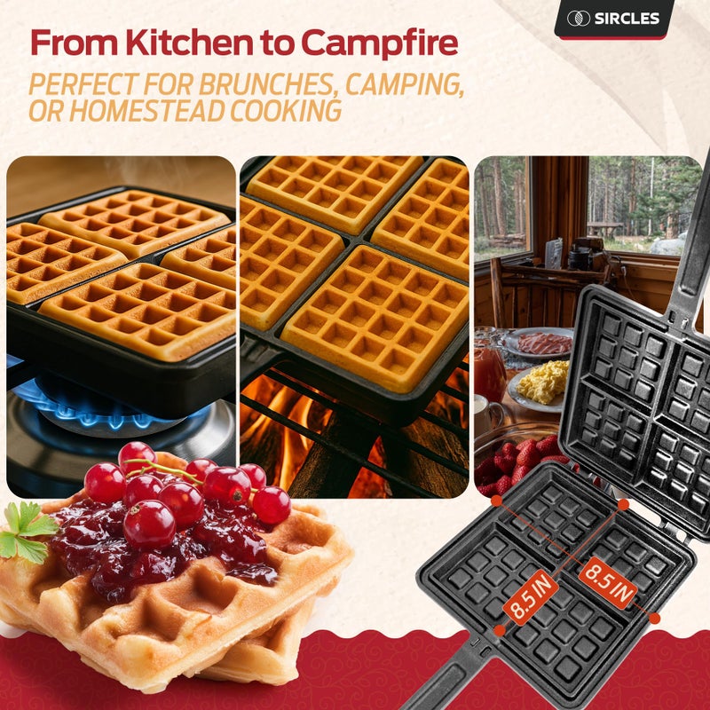 Sircles Cast Iron Waffle Maker - Makes 4 Square Belgian Waffles - Non Electric - Heavy Duty - Belgian Waffle Maker - 8.5 inch Square Waffles - E-book recipes - Image 3