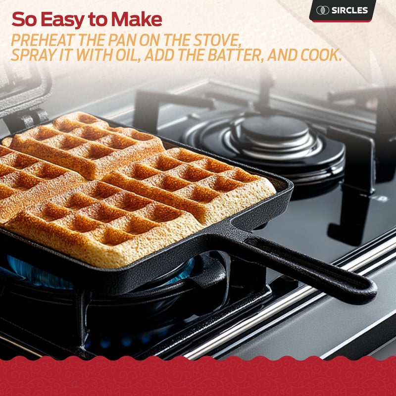 Sircles Cast Iron Waffle Maker - Makes 4 Square Belgian Waffles - Non Electric - Heavy Duty - Belgian Waffle Maker - 8.5 inch Square Waffles - E-book recipes - Image 4