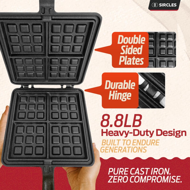 Sircles Cast Iron Waffle Maker - Makes 4 Square Belgian Waffles - Non Electric - Heavy Duty - Belgian Waffle Maker - 8.5 inch Square Waffles - E-book recipes - Image 2